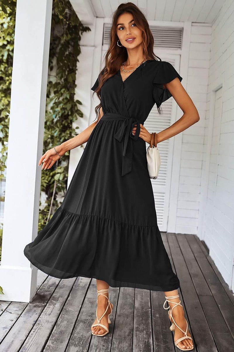 PRETTYGARDEN Store Women's Summer Floral Boho Maxi Dress Short Sleeve Wrap V Neck Ruffle Long Flowy Beach Wedding Guest Dresses - Image 5